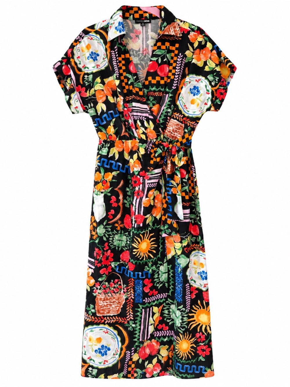 Fashion Nova Organic Market Wrap MIDI Dress - Black/Combo Size Medium
